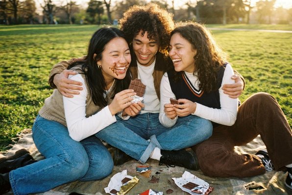 Group laughing with chocolate, candid and joyful Group laughing with chocolate, candid and joyful