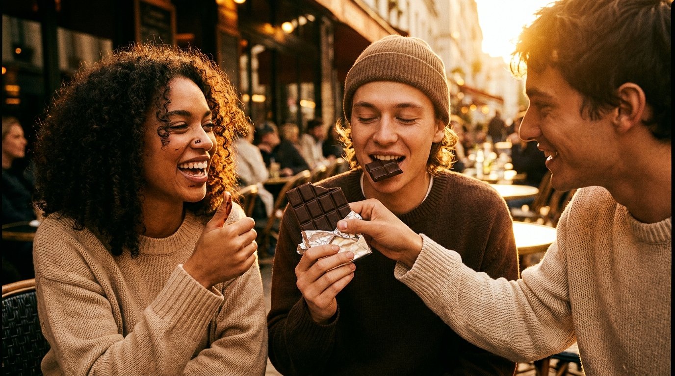 Young people enjoying NÄKT Swiss chocolate — candid, joyful, intimate Young people enjoying NÄKT Swiss chocolate — candid, joyful, intimate